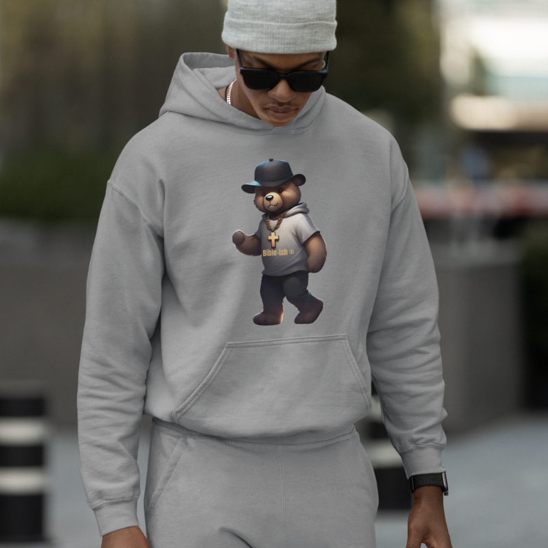 Man wearing dark sunglasses a grey beanie and grey hoodie and joggers set faithful teddy edition