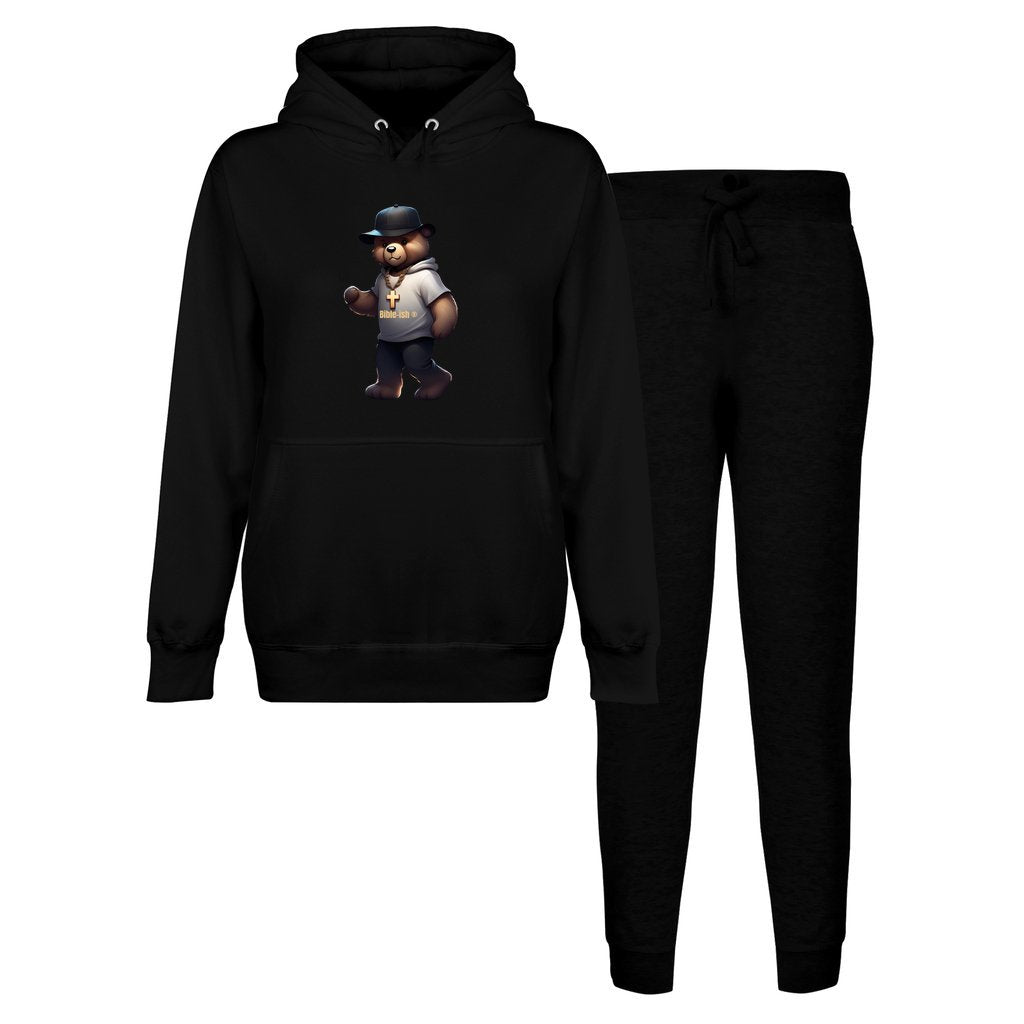 Flat lay mockup of black color hoodie and jogger set faithful teddy edition