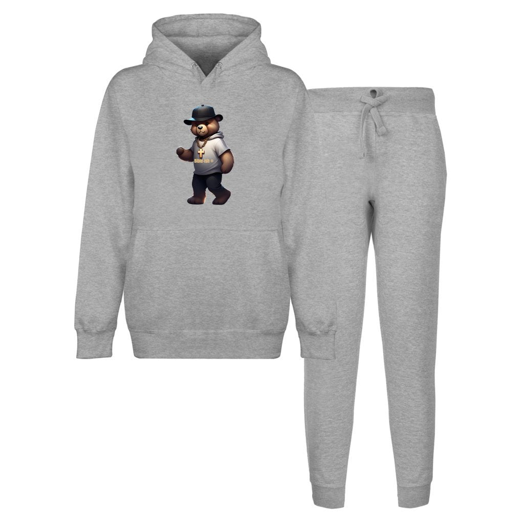 Flat lay mockup of grey colored hoodie and joggers set faithful teddy edition