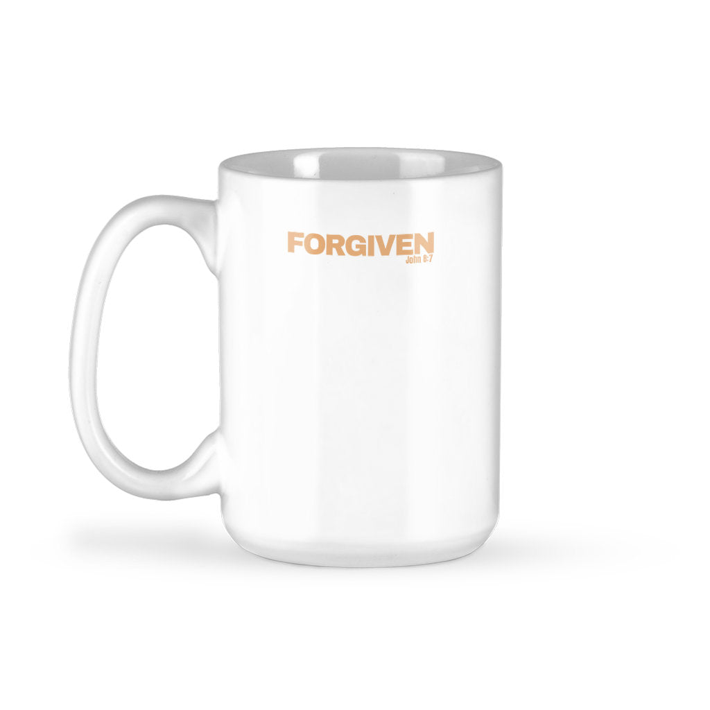 Right handle coffee mug with forgiven written in caps with John 8:7 beneath