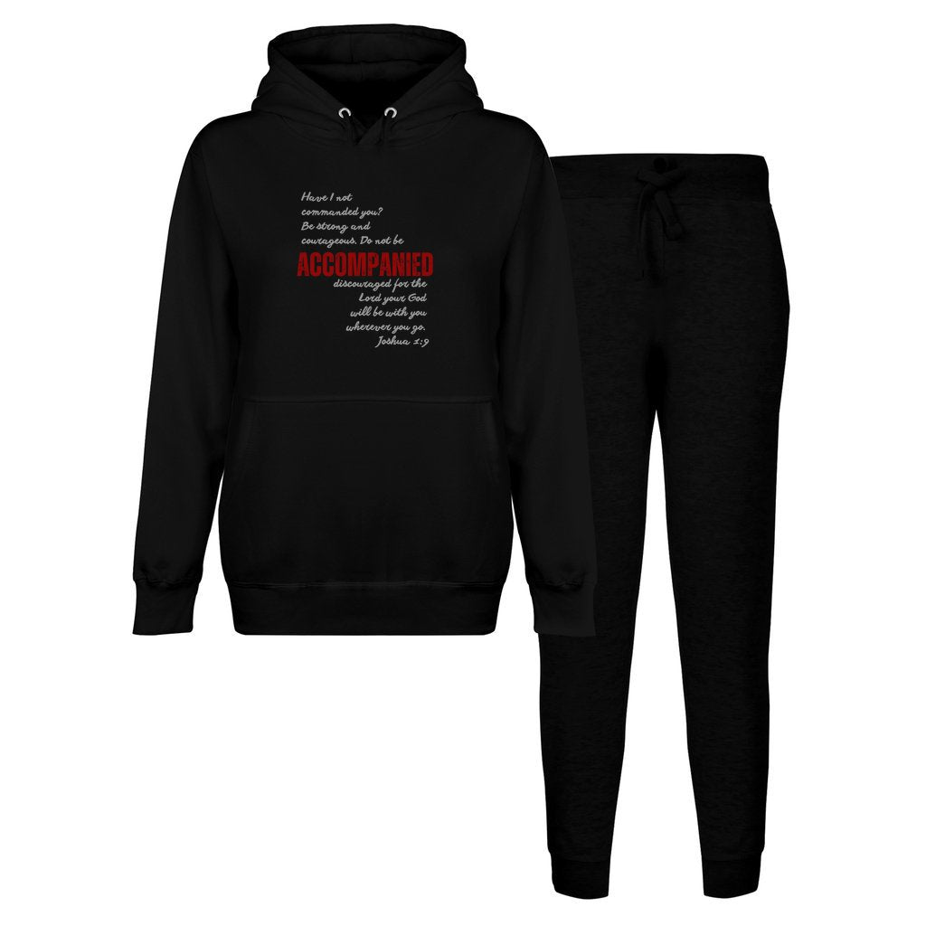 Flat lay mockup of black accompanied edition hoodie and joggers set