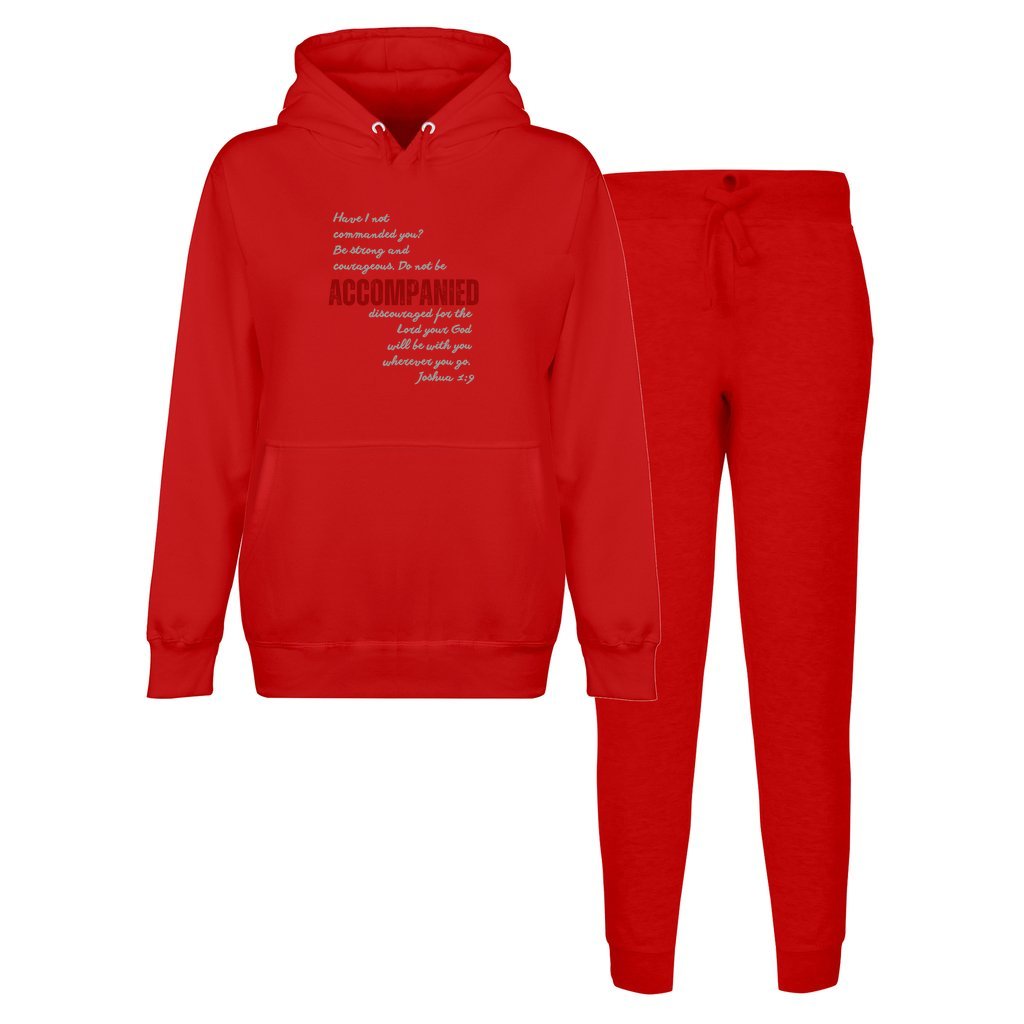 Flat lay mockup of red accompanied edition hoodie and jogger set