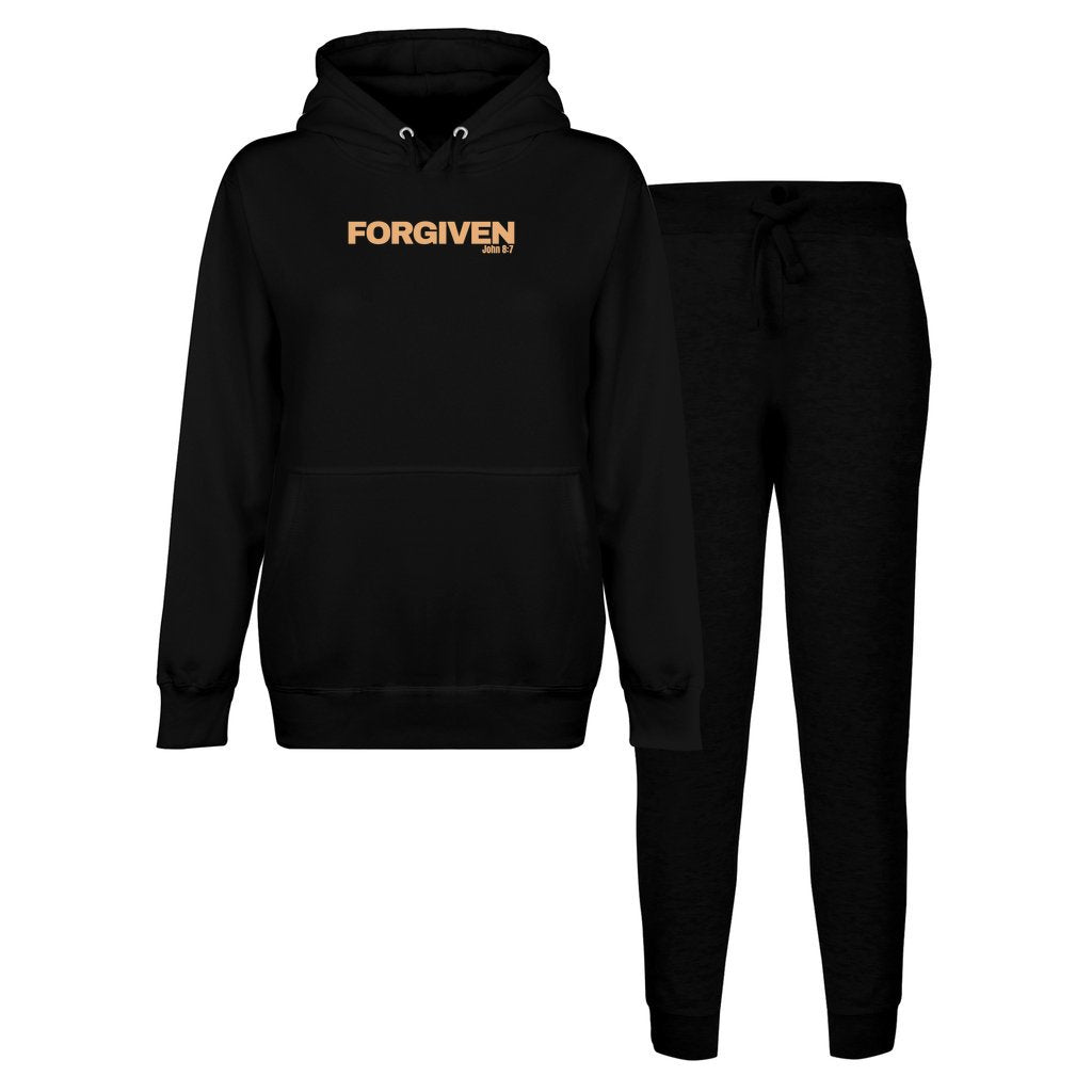 Flat lay mockup of black hoodie and jogger set from the forgiven collection