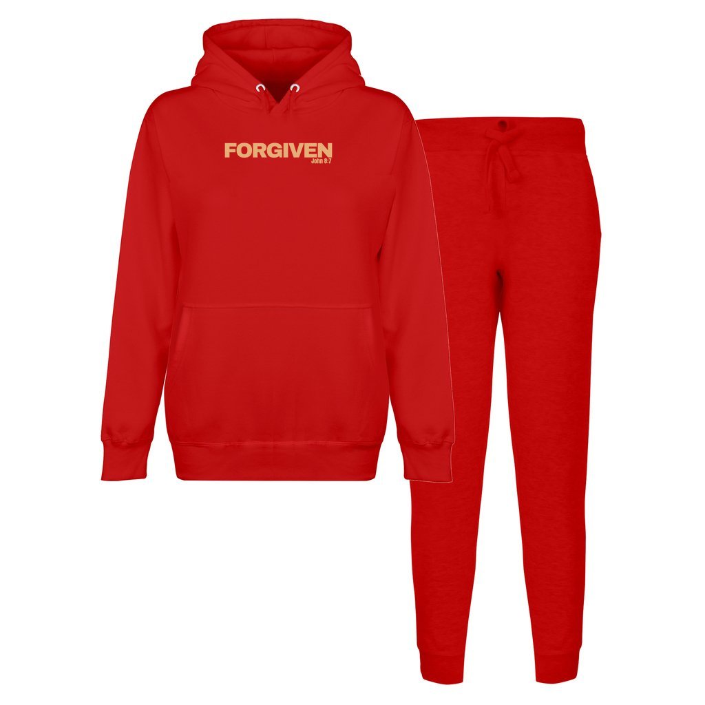 Flat lay mockup of red hoodie and jogger set from the Forgiven Collection